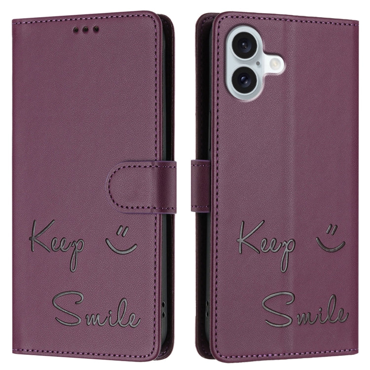 For iPhone 16 Plus Smile Embossing RFID Leather Phone Case