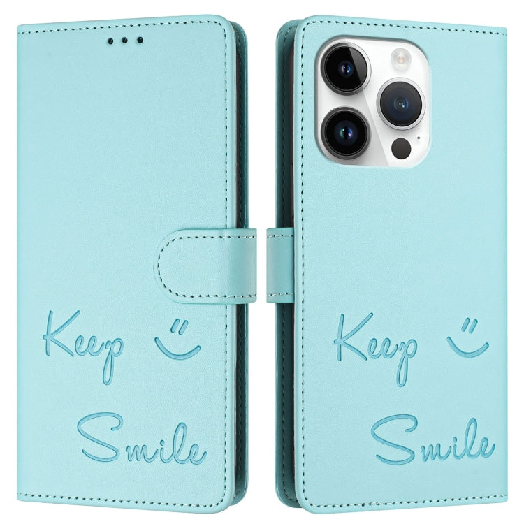 For iPhone 15 Pro Smile Embossing RFID Leather Phone Case