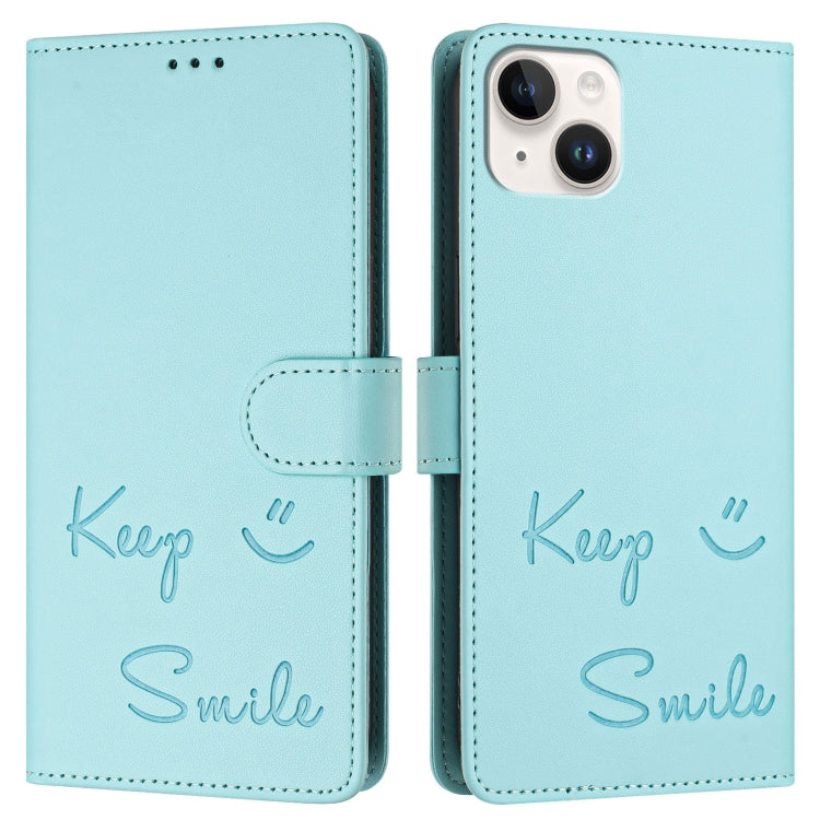 For iPhone 15 Plus Smile Embossing RFID Leather Phone Case