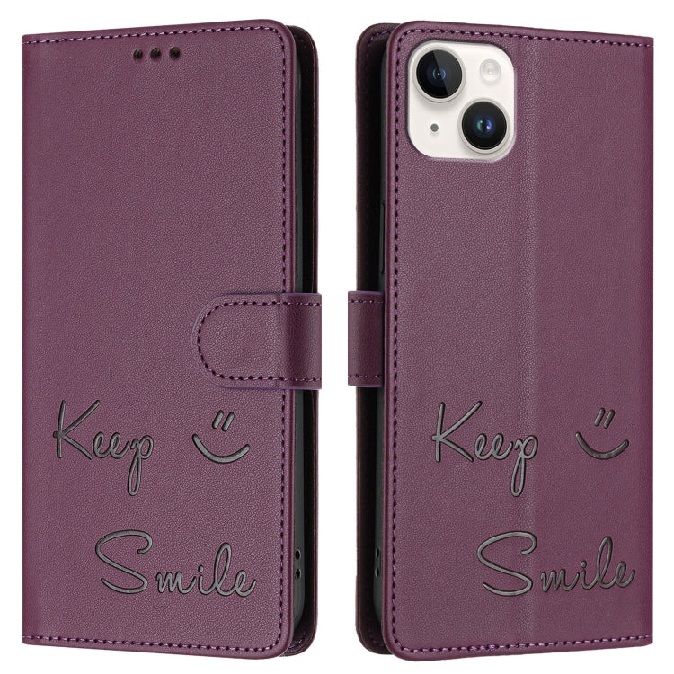 For iPhone 15 Plus Smile Embossing RFID Leather Phone Case
