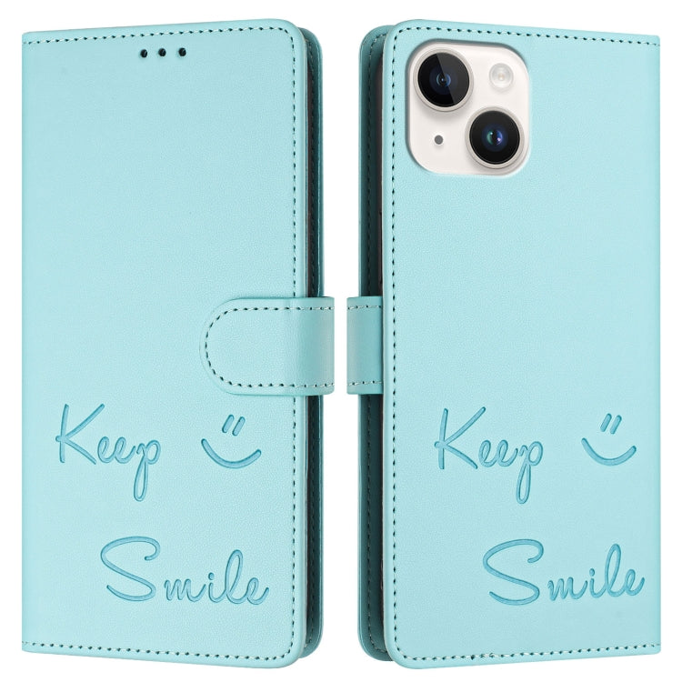 For iPhone 15 Smile Embossing RFID Leather Phone Case