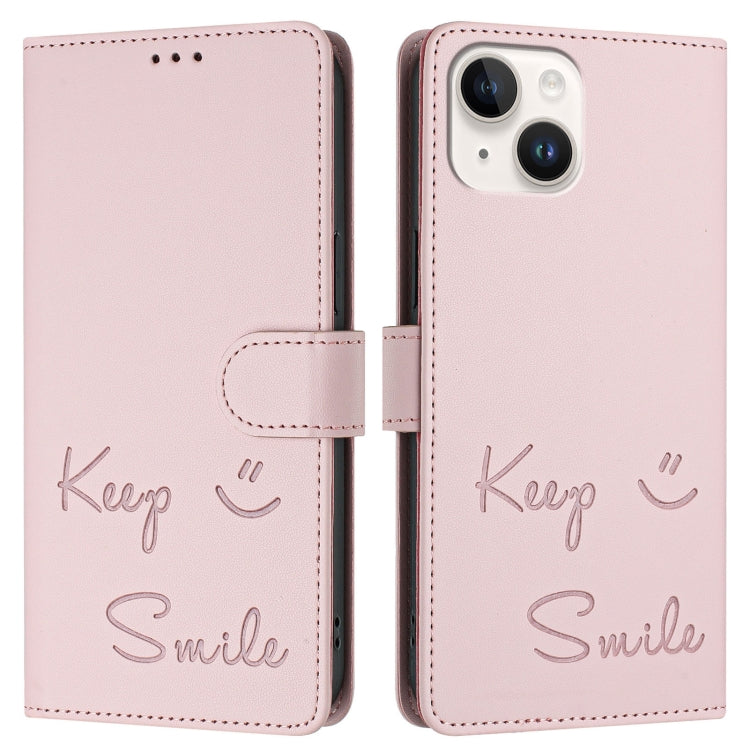 For iPhone 15 Smile Embossing RFID Leather Phone Case