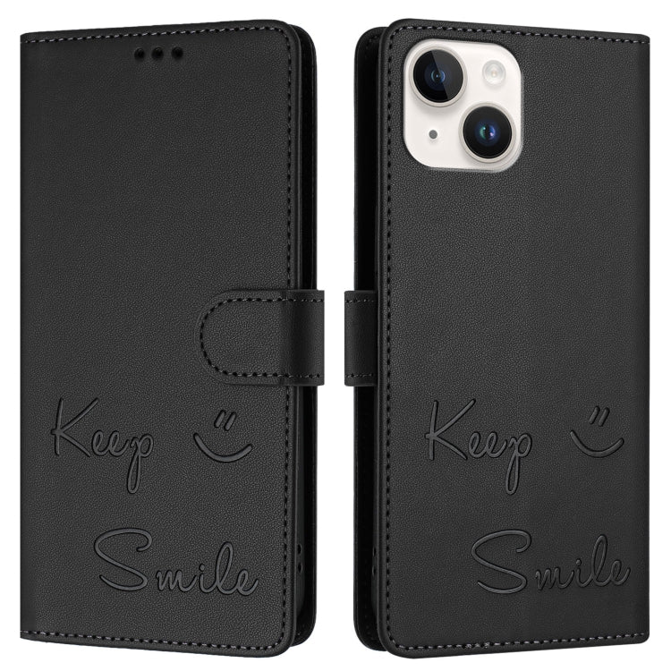 For iPhone 15 Smile Embossing RFID Leather Phone Case