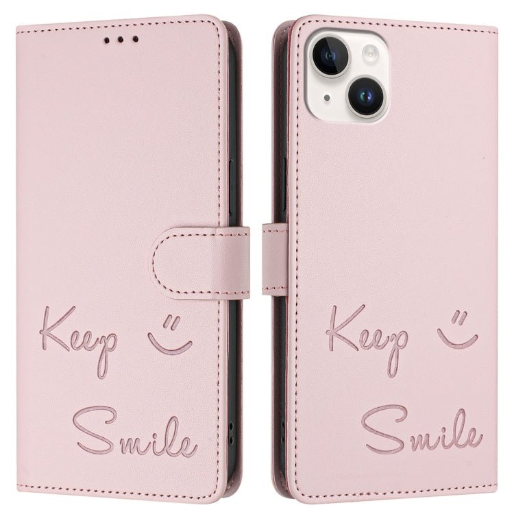 For iPhone 14 Plus Smile Embossing RFID Leather Phone Case