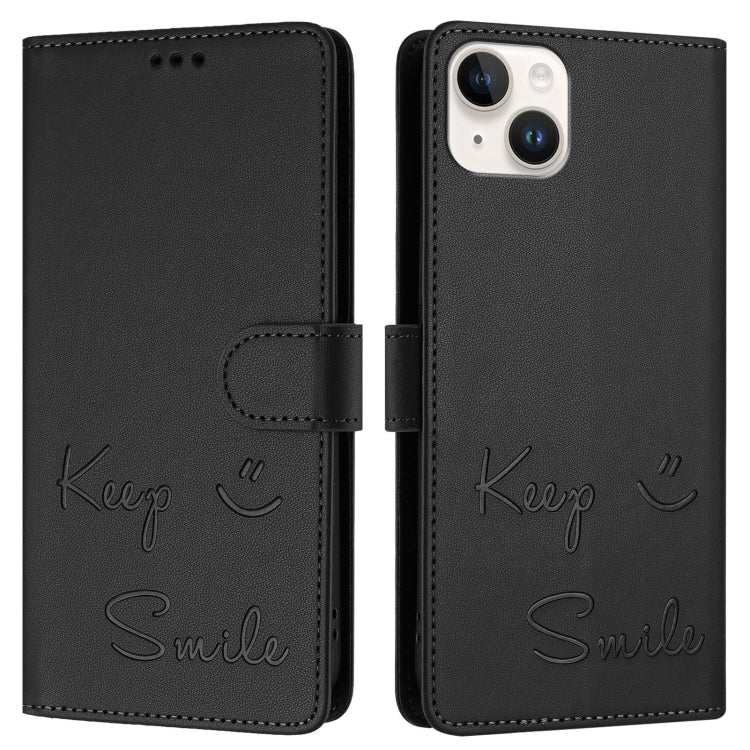 For iPhone 14 Plus Smile Embossing RFID Leather Phone Case