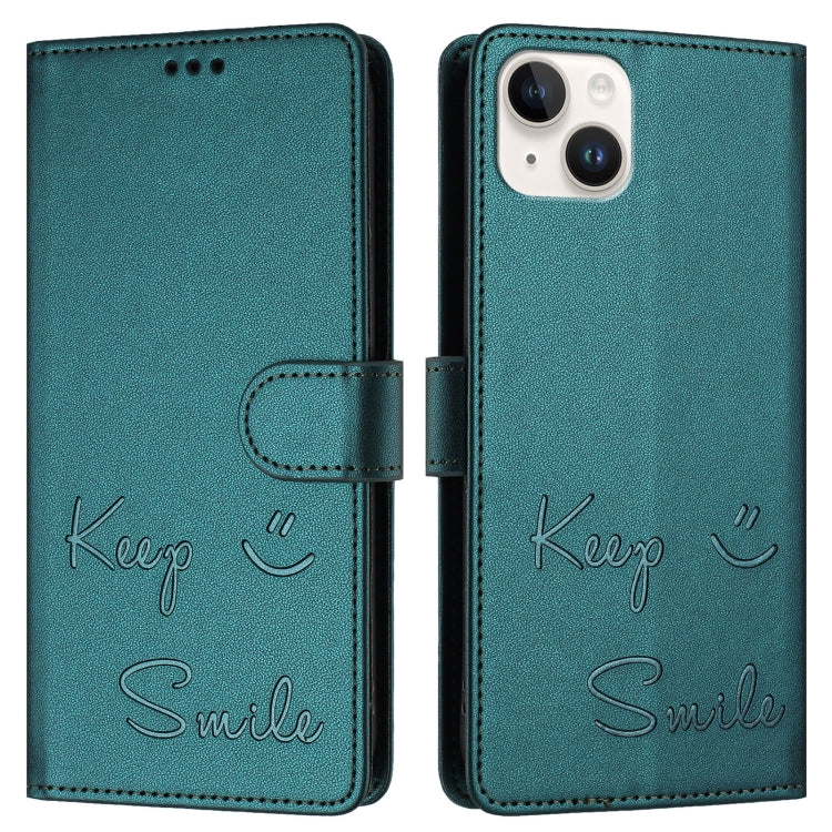 For iPhone 14 Plus Smile Embossing RFID Leather Phone Case