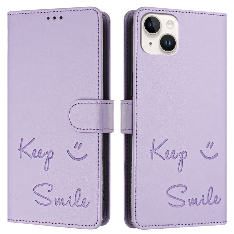 For iPhone 14 Plus Smile Embossing RFID Leather Phone Case
