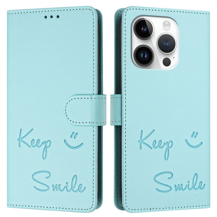 For iPhone 14 Pro Smile Embossing RFID Leather Phone Case