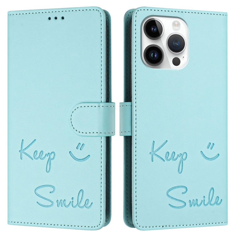 For iPhone 14 Pro Max Smile Embossing RFID Leather Phone Case