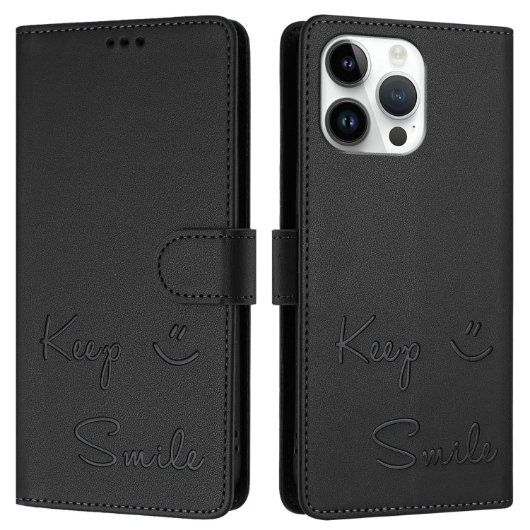 For iPhone 14 Pro Max Smile Embossing RFID Leather Phone Case