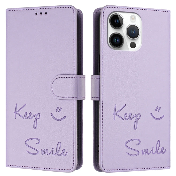 For iPhone 14 Pro Max Smile Embossing RFID Leather Phone Case