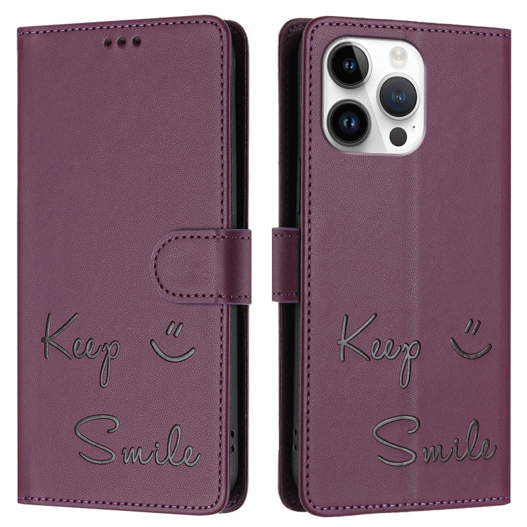 For iPhone 14 Pro Max Smile Embossing RFID Leather Phone Case