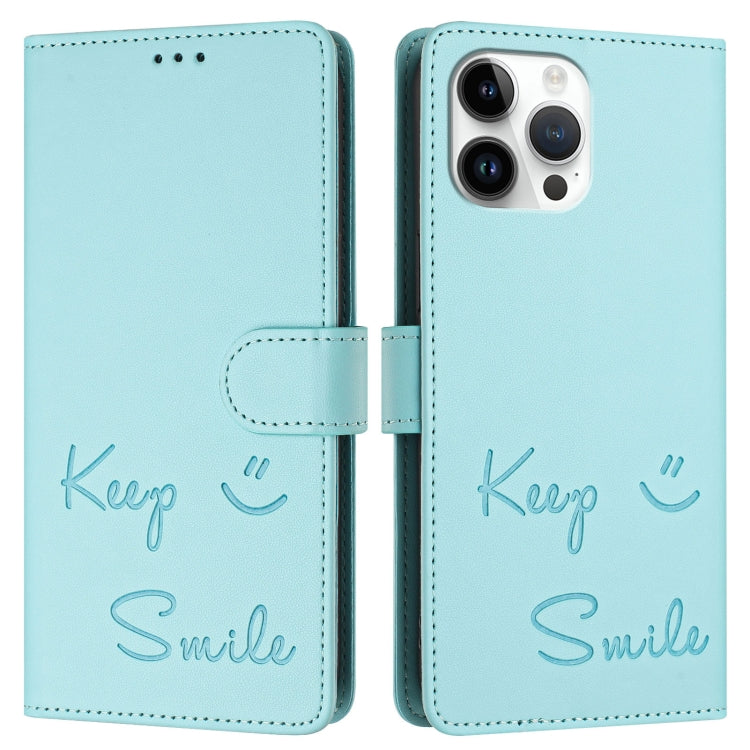 For iPhone 13 Pro Max Smile Embossing RFID Leather Phone Case