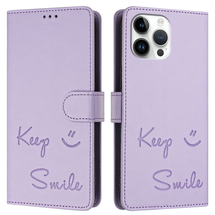 For iPhone 13 Pro Max Smile Embossing RFID Leather Phone Case