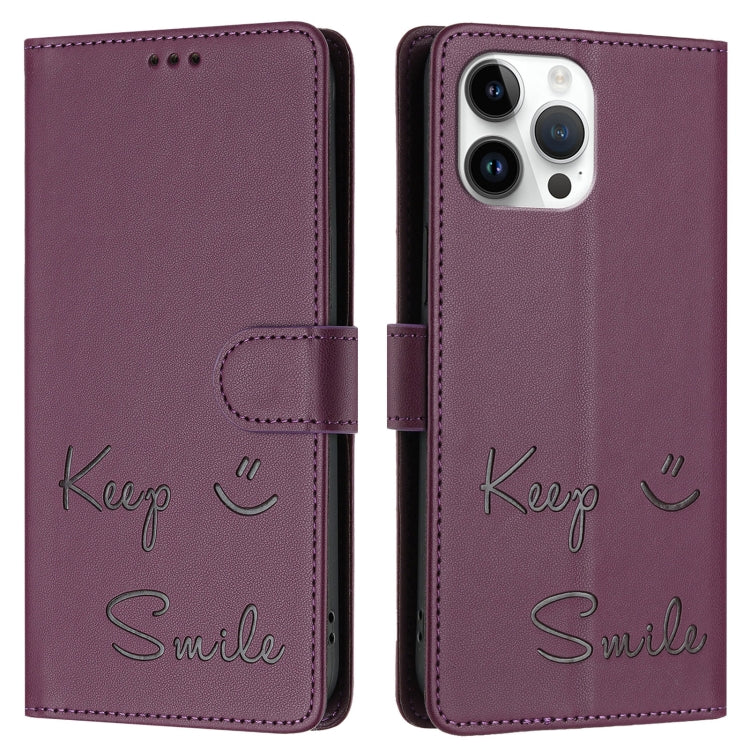 For iPhone 13 Pro Max Smile Embossing RFID Leather Phone Case