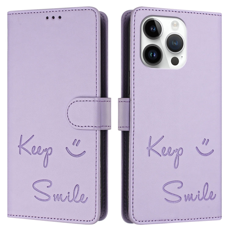 For iPhone 13 Pro Smile Embossing RFID Leather Phone Case