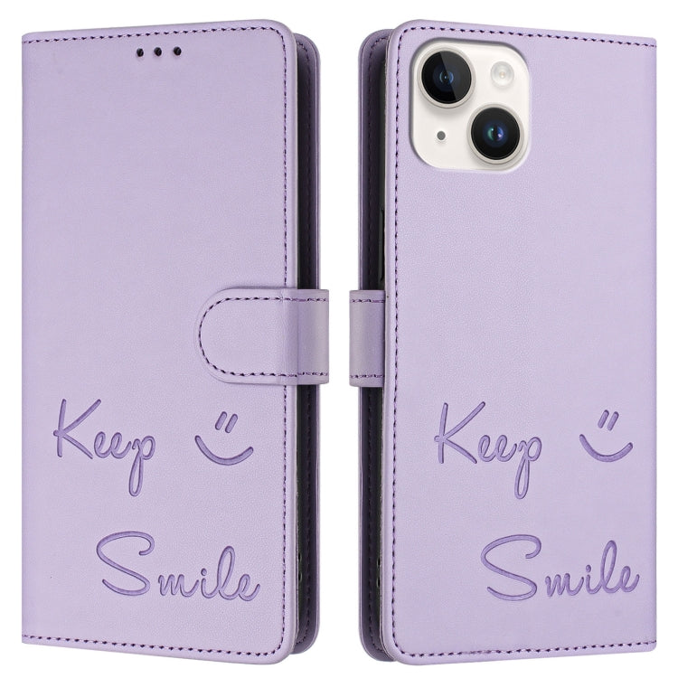 For iPhone 13 mini Smile Embossing RFID Leather Phone Case