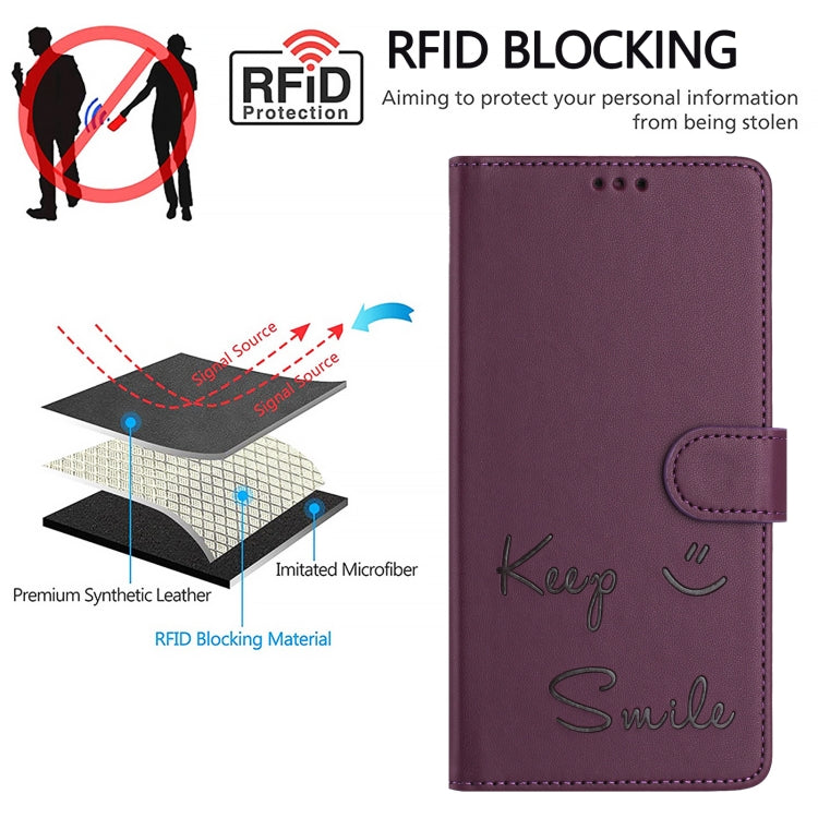 For iPhone 13 mini Smile Embossing RFID Leather Phone Case