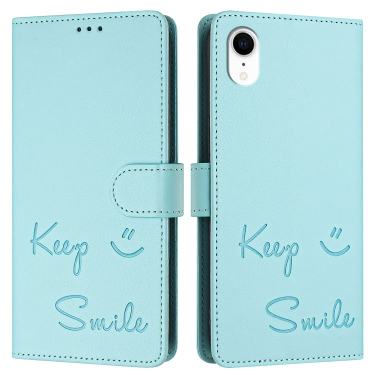 For iPhone XR Smile Embossing RFID Leather Phone Case