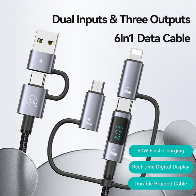 USAMS 60W 6 in 1 Digital Display Fast Charging Cable, Length:1.2m - Titanium Gray