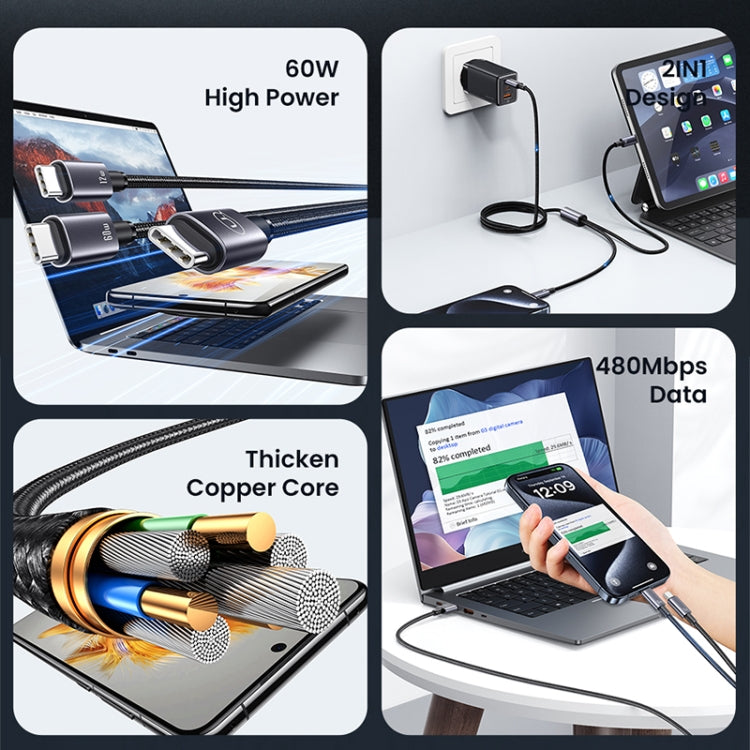 USAMS SJ740 1.2m 72W 2 in 1 Type-C Fast Charging Cable - Titanium Gray