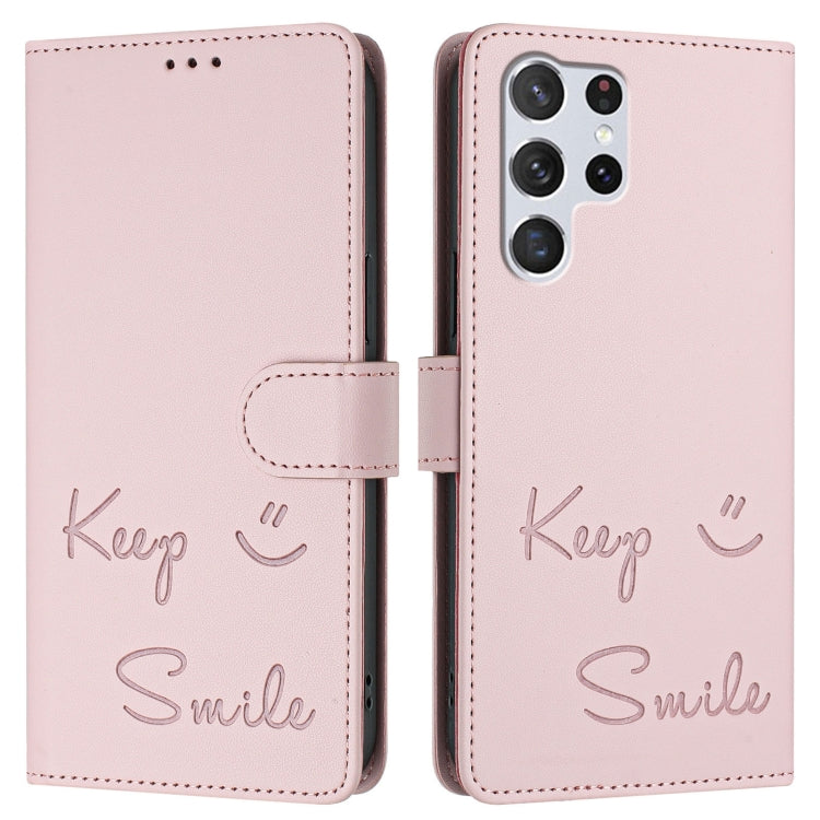 For Samsung Galaxy S22 Ultra 5G Smile Embossing RFID Leather Phone Case