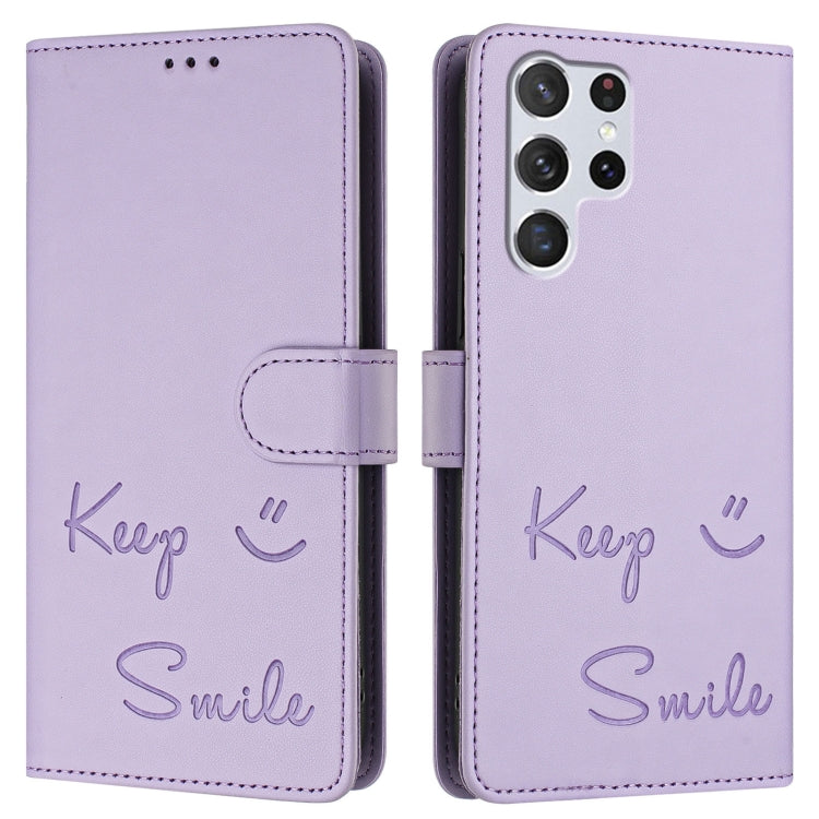For Samsung Galaxy S22 Ultra 5G Smile Embossing RFID Leather Phone Case