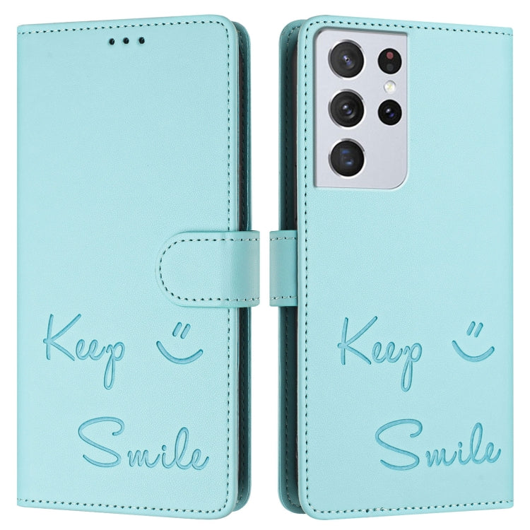 For Samsung Galaxy S21 Ultra 5G Smile Embossing RFID Leather Phone Case