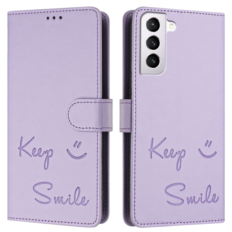 For Samsung Galaxy S21 5G Smile Embossing RFID Leather Phone Case