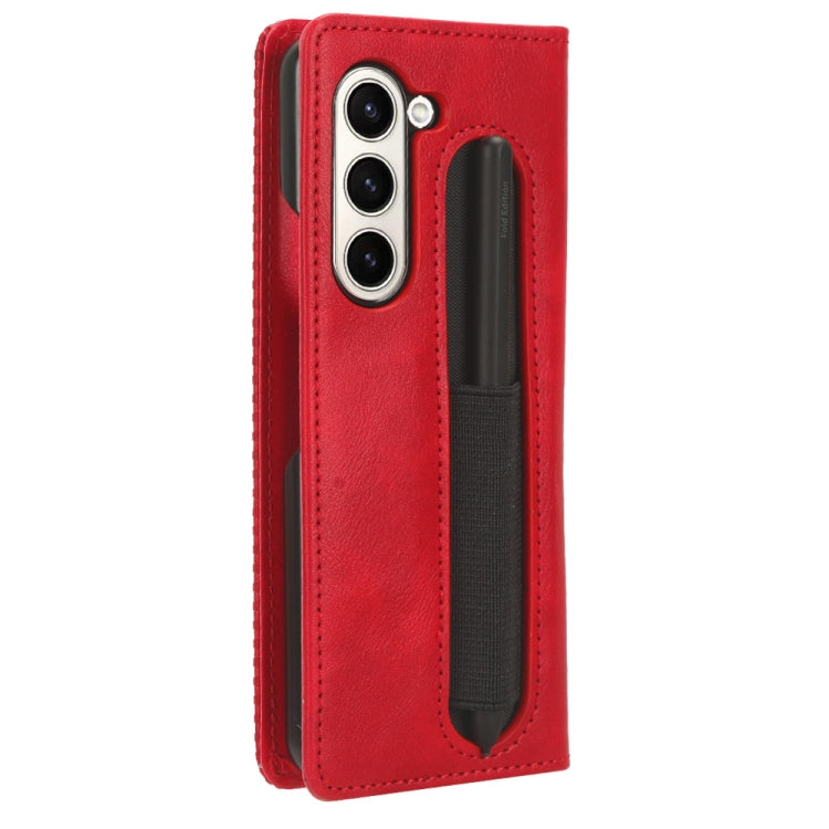 For Samsung Galaxy Z Fold6 with Pen Slot Magnetic Buckle Retro Texture Leather Phone Case