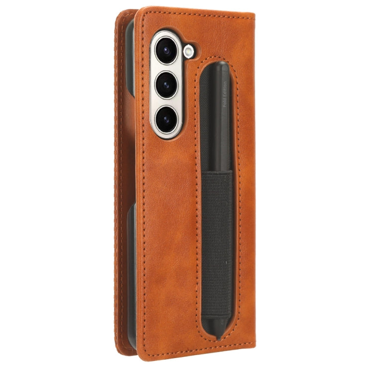 For Samsung Galaxy Z Fold6 with Pen Slot Magnetic Buckle Retro Texture Leather Phone Case