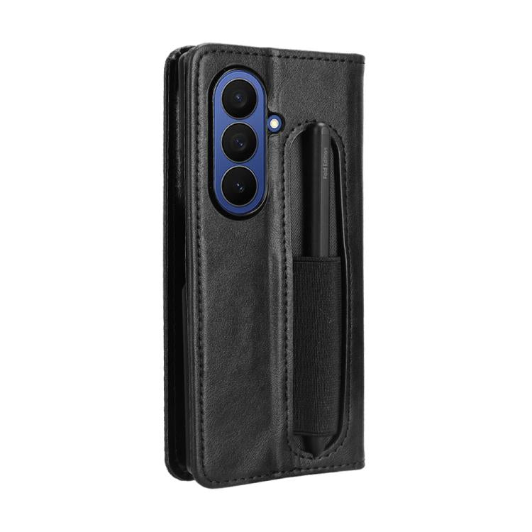 For Samsung Galaxy Z Fold7 with Pen Slot Magnetic Buckle Retro Texture Leather Phone Case