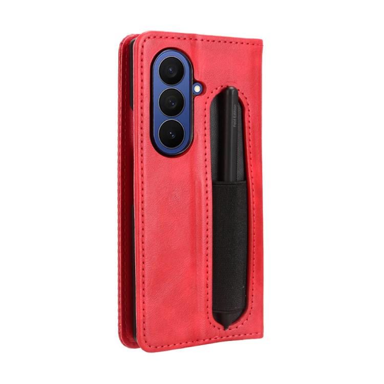 For Samsung Galaxy Z Fold7 with Pen Slot Magnetic Buckle Retro Texture Leather Phone Case