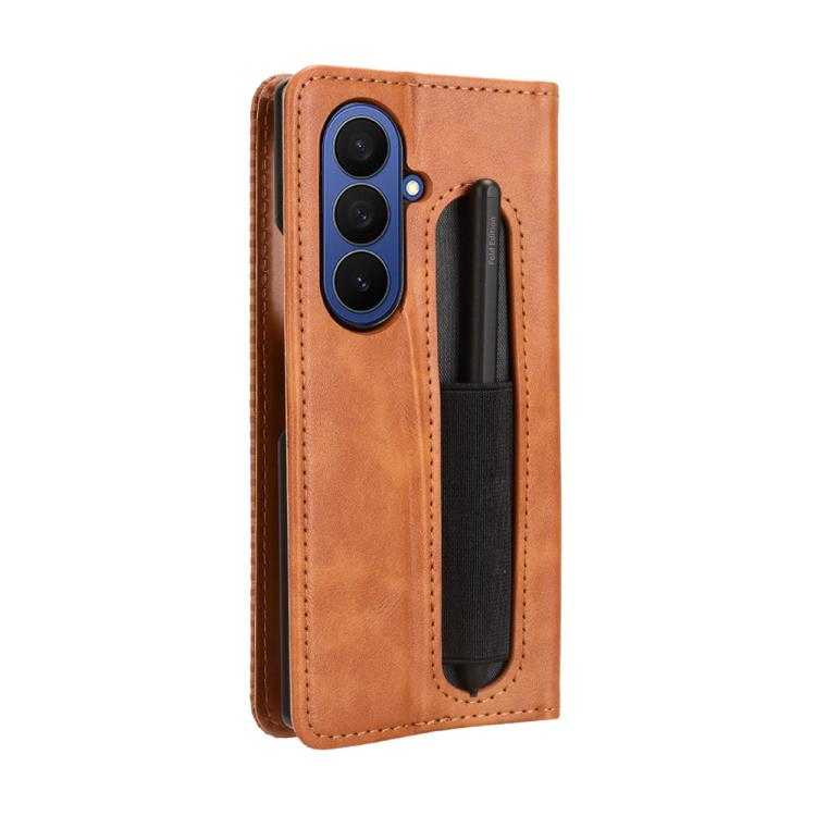 For Samsung Galaxy Z Fold7 with Pen Slot Magnetic Buckle Retro Texture Leather Phone Case