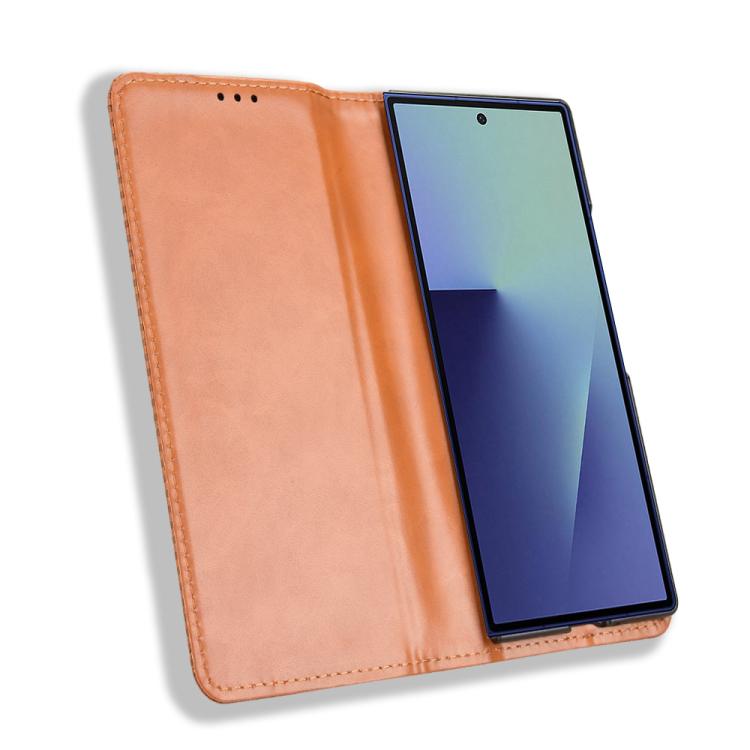 For Samsung Galaxy Z Fold7 with Pen Slot Magnetic Buckle Retro Texture Leather Phone Case