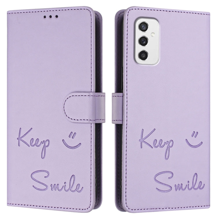 For Samsung Galaxy M52 5G Smile Embossing RFID Leather Phone Case