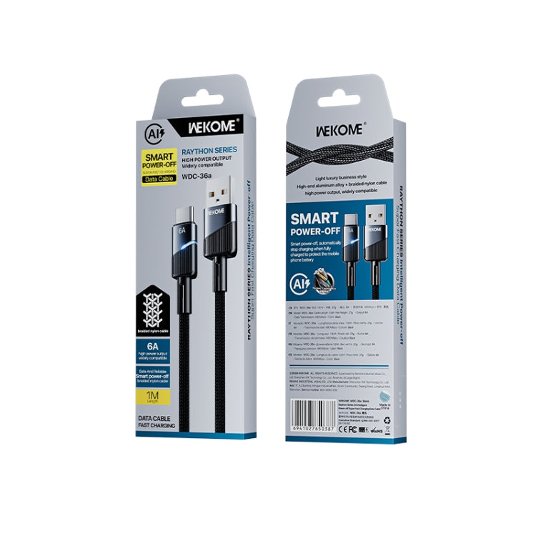 WK WDC-36a Intelligent Power-off 1m 6A USB to Type-C Fast Charging Data Cable - Black