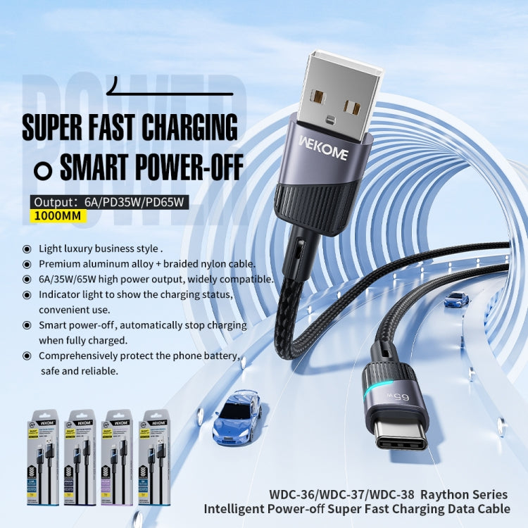WK WDC-38 Intelligent Power-off 1m PD65W Type-C to Type-C Fast Charging Data Cable - Black