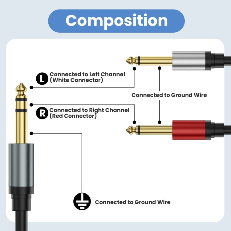 0.3m Gold Plated 6.35mm Male Dual Sound TRS Stereo to 2 x 6.35mm Male TS Mono Y Splitter Adapter Audio Cable - Black