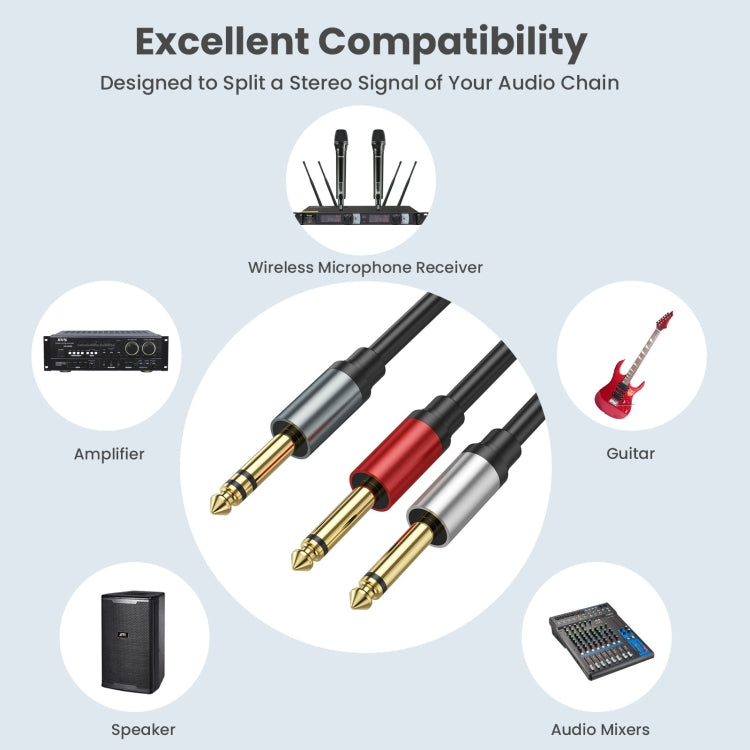5m Gold Plated 6.35mm Male Dual Sound TRS Stereo to 2 x 6.35mm Male TS Mono Y Splitter Adapter Audio Cable - Black
