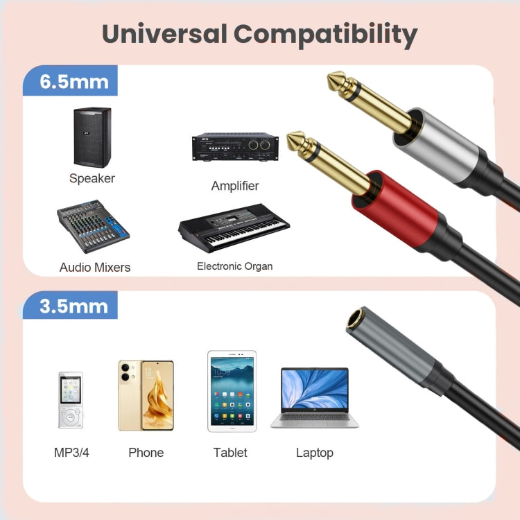 2m Gold Plated 3.5mm TRS Female to 2 x 6.35mm TS Male Mono Y Splitter Adapter Audio Cable - Black