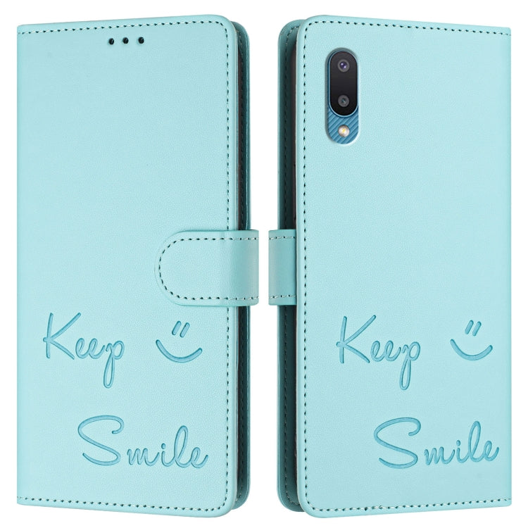 For Samsung Galaxy A02 / M02 Smile Embossing RFID Leather Phone Case