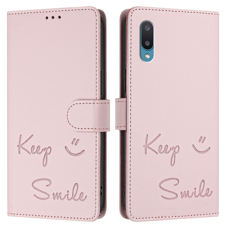 For Samsung Galaxy A02 / M02 Smile Embossing RFID Leather Phone Case