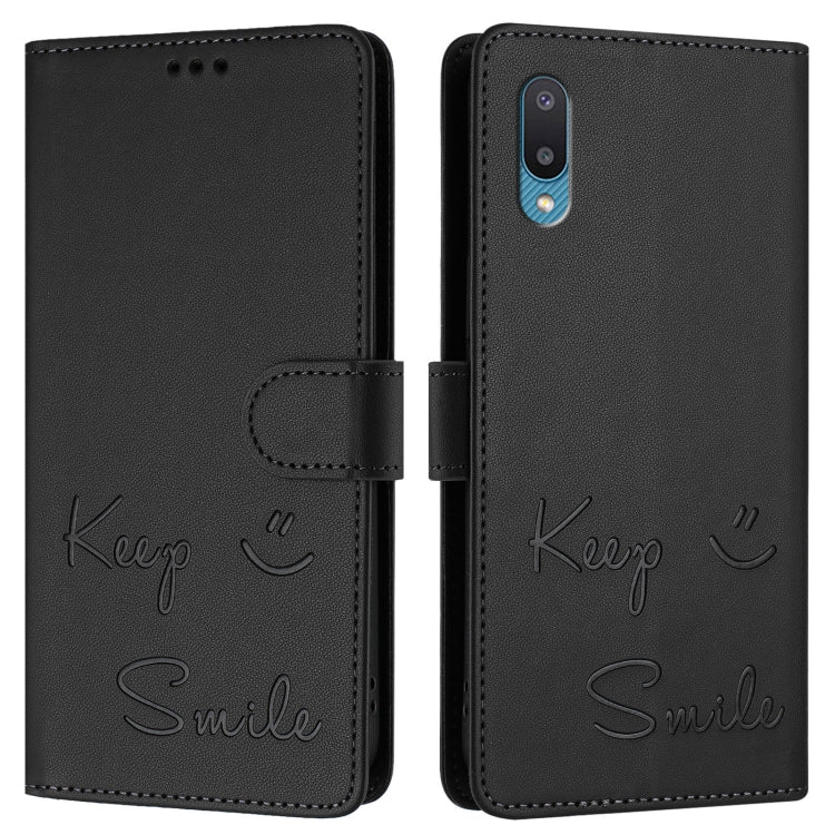 For Samsung Galaxy A02 / M02 Smile Embossing RFID Leather Phone Case