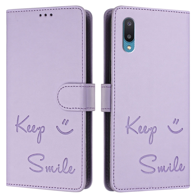 For Samsung Galaxy A02 / M02 Smile Embossing RFID Leather Phone Case