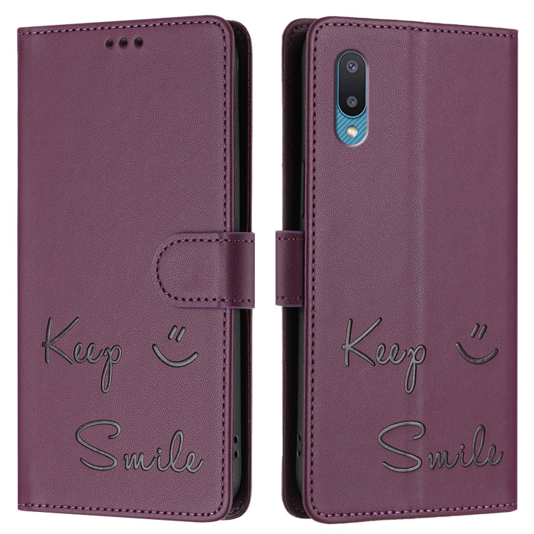 For Samsung Galaxy A02 / M02 Smile Embossing RFID Leather Phone Case