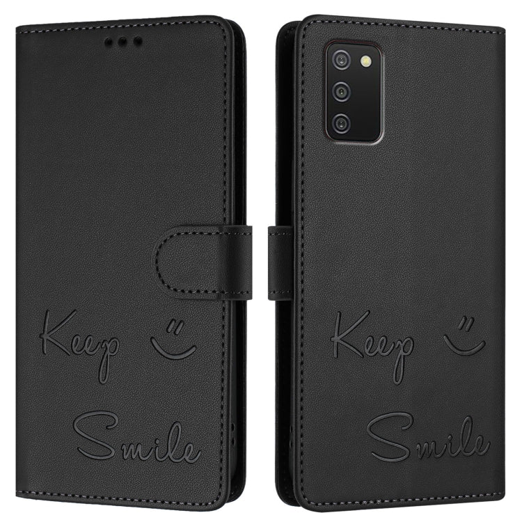 For Samsung Galaxy A02s 164mm Smile Embossing RFID Leather Phone Case