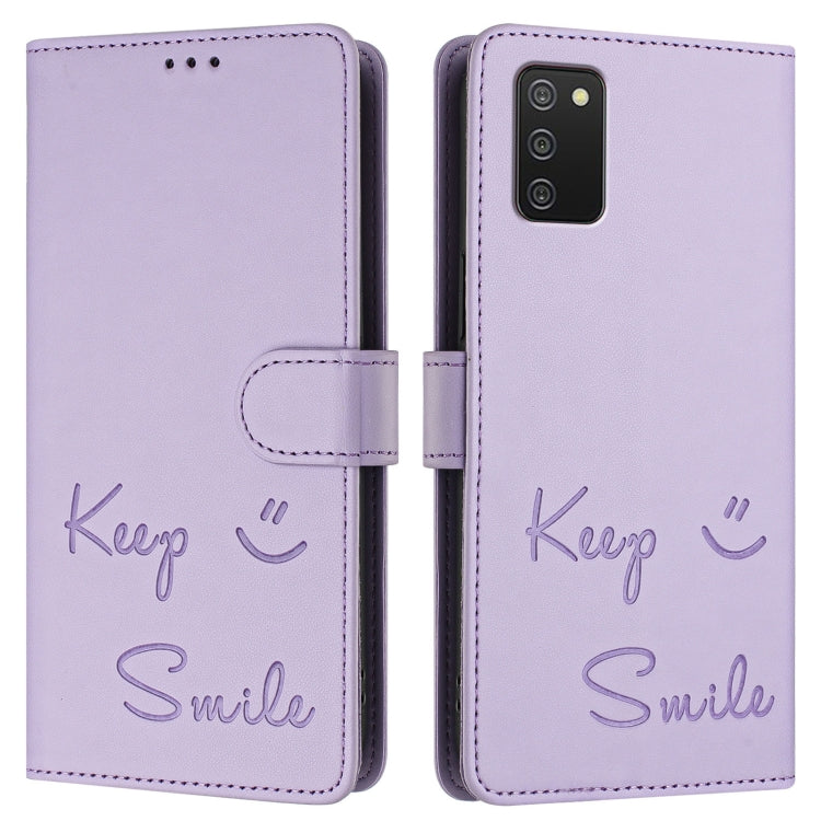 For Samsung Galaxy A02s 164mm Smile Embossing RFID Leather Phone Case