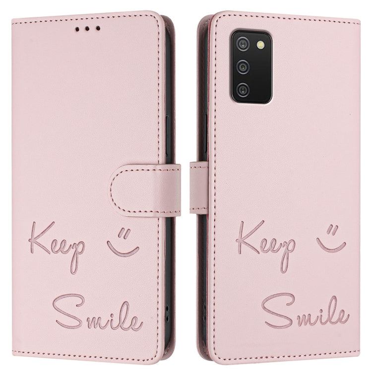 For Samsung Galaxy A02s 166mm Smile Embossing RFID Leather Phone Case
