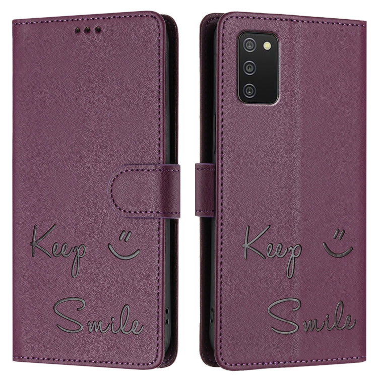 For Samsung Galaxy A02s 166mm Smile Embossing RFID Leather Phone Case